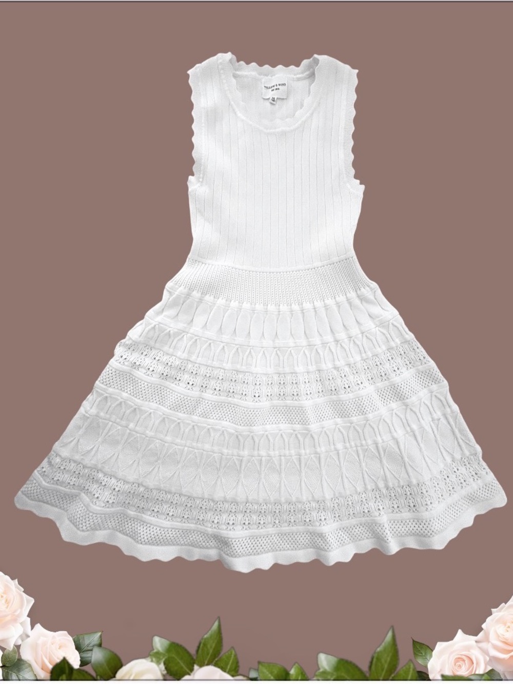 Willow & Wind French White Knit Fit & Flare midi Dress Boho Coastal Chic M